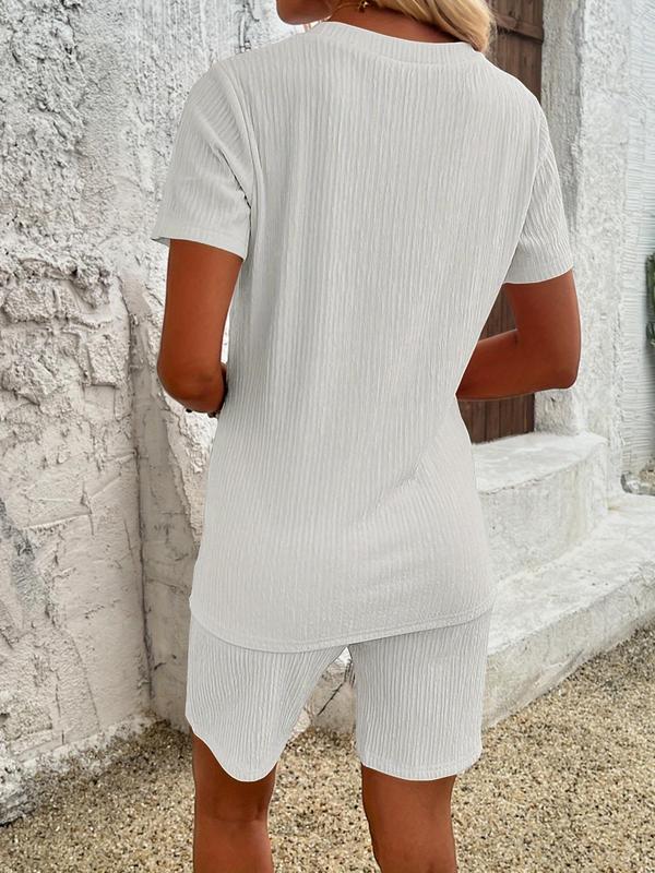【Plus Size】 Women's Solid Tee & Shorts Two-piece Set, Casual Short Sleeve Crewneck T-shirt & Shorts for Summer, Ladies Clothes for Daily Wear, Womenswear 4