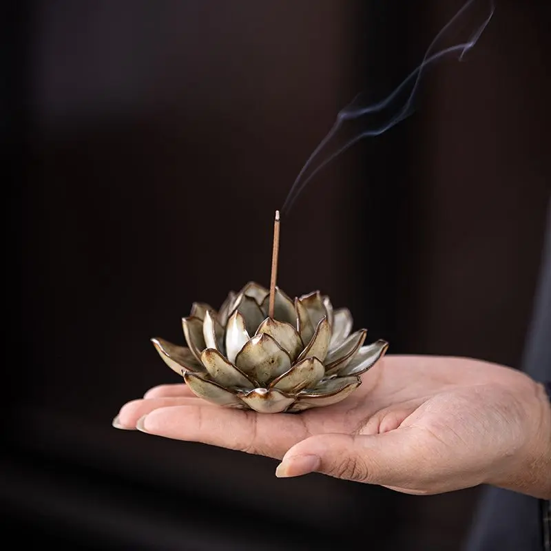 [1079 People Collected] Handmade Lotus Incense Holder Ceramic Kiln-Changed Incense Burner Home Indoor Creative Retro Incense Stick Holder Incense Stand Tea Table Ornament