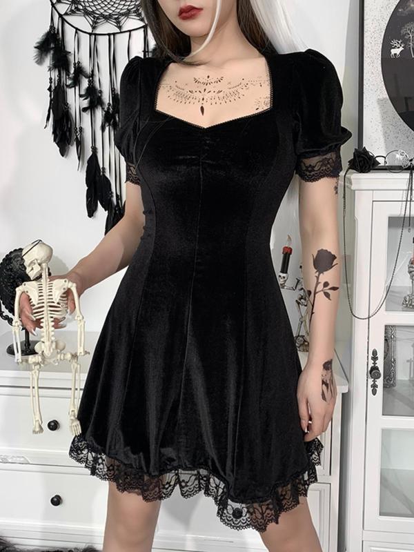 Women's Plain Ruched Lace Trim Sweetheart Neck Dress, Punk Fashion Short Sleeve A Line Dress for Party Holiday Vacation, Ladies Summer Clothes Valentine's Day, gift 2