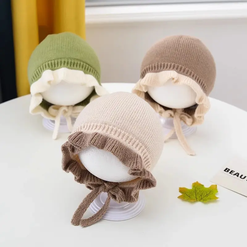 New Infant Earmuffs Hat Autumn and Winter Girls Lace Princess Hat Winter Warm Hat Baby Girl Knitted Hat Fashion