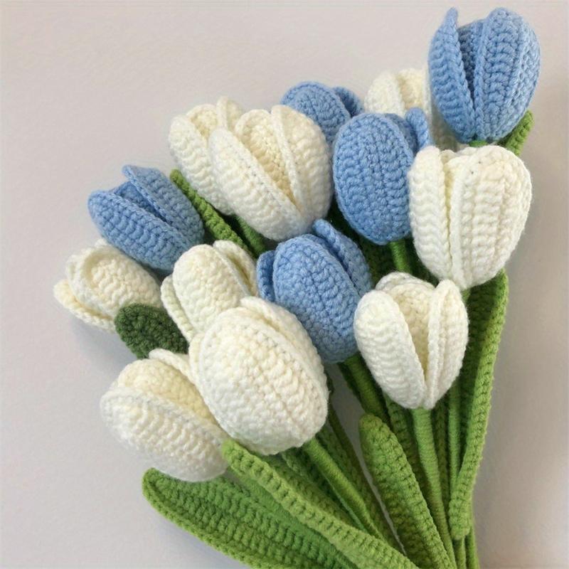 6-Piece Hand Crocheted Tulip Bouquet - Faux Knitted Flowers with Stems and Leaves, Bohemian Spring Celebration Table Decor, Fake Flowers, Forever Flowers, Decor 1