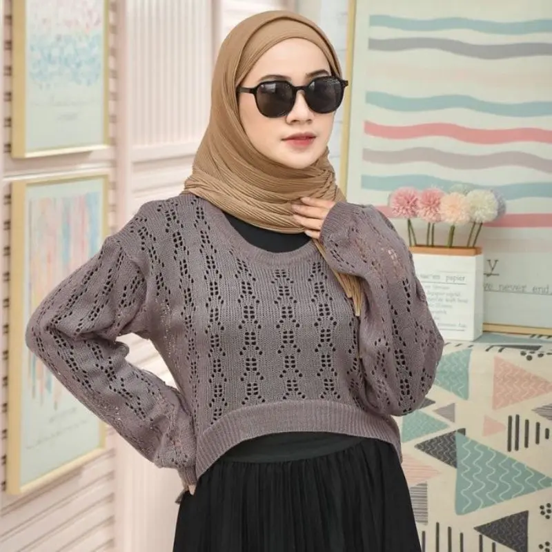 Sweater Rajut Lea Moon Crop Jaring Atasan Knitwear Top Wanita Cardigan 1