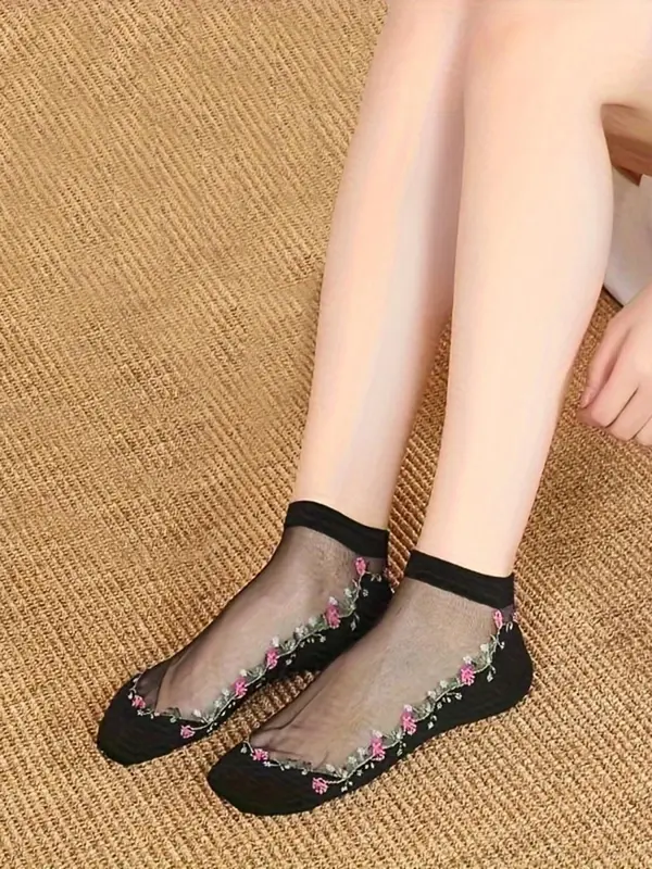 Women's 5 Pairs Floral Pattern Contrast Mesh Ankle Socks, Summer 2024 Fashion Casual Comfy Breathable Low Cut Socks For Daily Outdoor Wear, Women's Socks For Summer 6