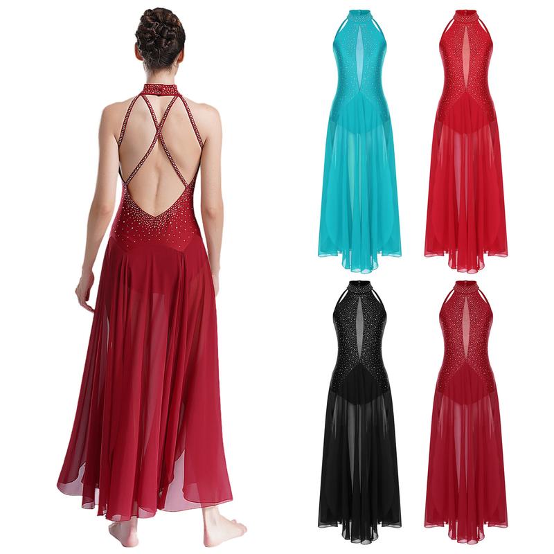 Jizyo Women Lyrical Dance Dress Halter Strappy Back Leotard Mesh Split Maxi Skirt Modern Dance Costume 1