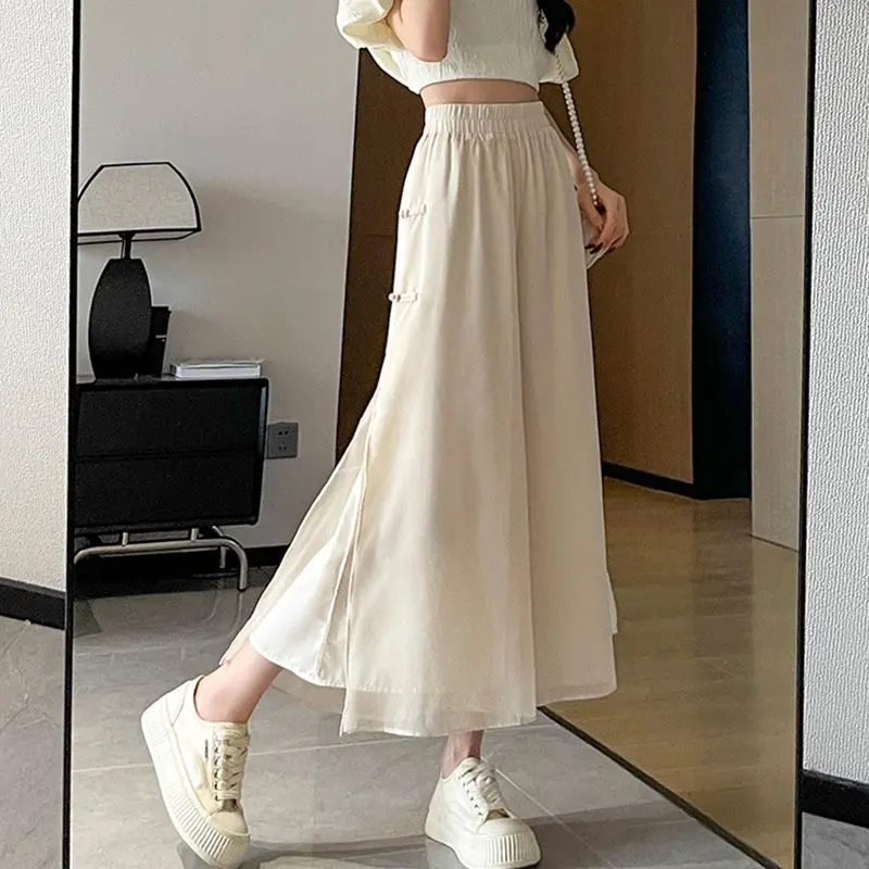 Quần Ống Rộng Voan, Phong Cách Trung Quốc Mới, Dành Cho Nữ, Bộ Sưu Tập Mùa Hè 2024, Quần Cropped Dáng Rộng Thường Ngày Quần Váy Cổ Tích Mỏng Chảy