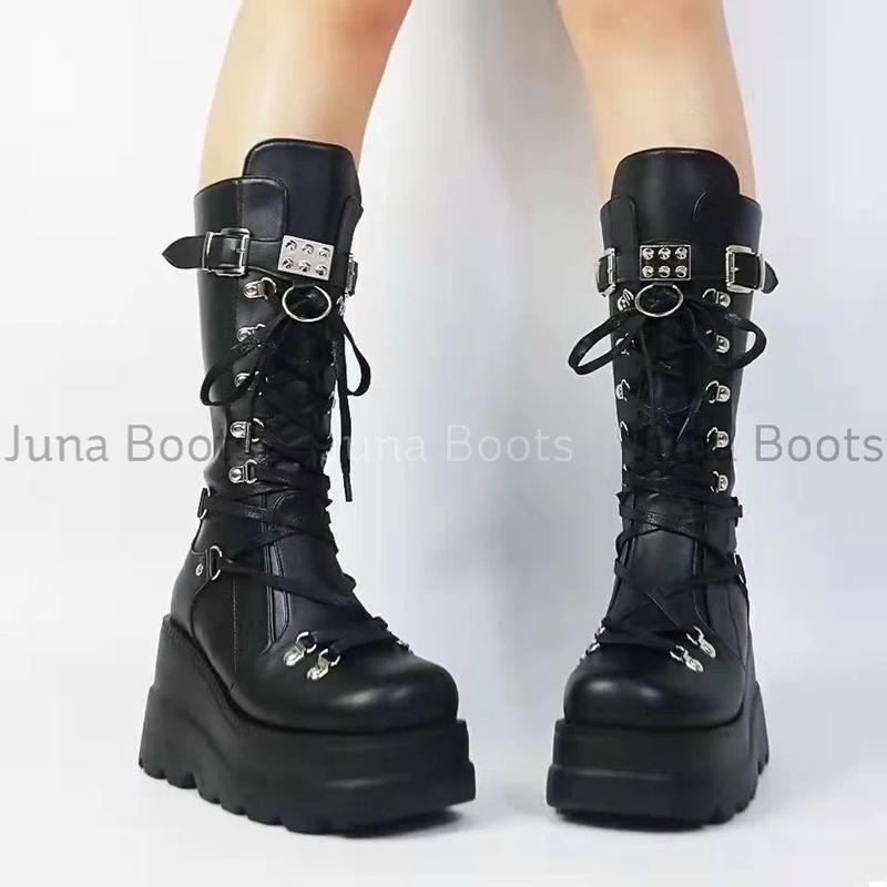  Boots bánh mì đế dày 10cm - giày bốt chiến binh đế bằng loại 1 phong cách y2k gothic cá tính 