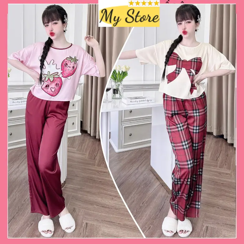 [ Croptop ] Đồ ngủ cổ tròn tay ngắn quần dài form Croptop thời trang chất liệu lụa latin tơ tằm mịn mát freesize dưới 60kg