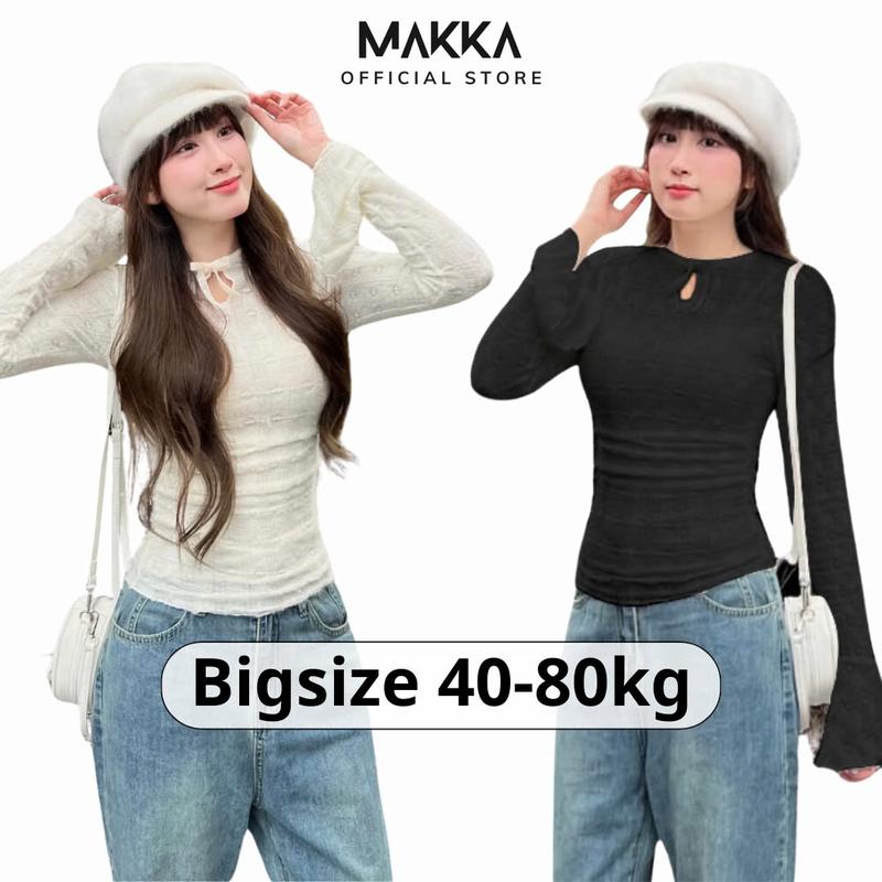 Áo thun nữ MAKKA áo thun ren dài tay cổ tròn đính nơ dáng ôm thiết kế tay loe điệu đà siêu xinh 3943