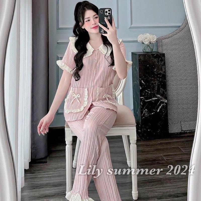 Combo (2 set) vải đũi gân , cổ tròn bèo 2 túi nơ, áo cộc quần dài (38-58kg) 3