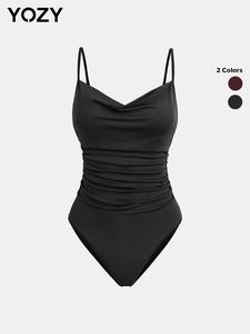 YOZY Women's Plain Ruched Backless Snap Button Closure Crotch One-piece Bodysuit, Casual Adjustable Strap Sleeveless Cowl Neck Bodysuit for Daily Wear, Ladies Clothes for All Seasons