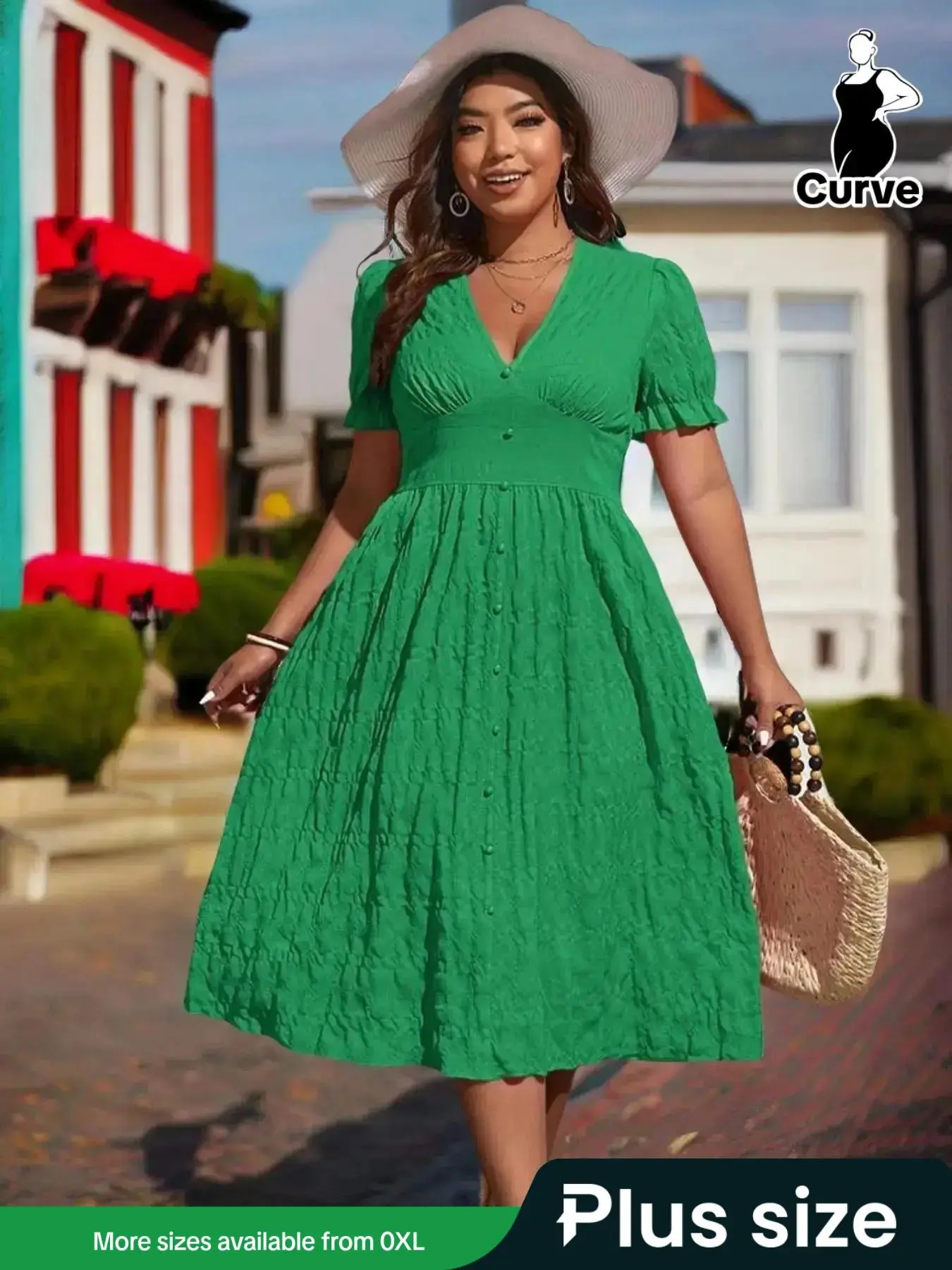 Plus Size Textured Shirred Puff Sleeve V Neck Dress, Elegant Beaded Short Sleeve A Line Dress, Plus Size Dresses, Dresses for Women, Summer Dresses 2025