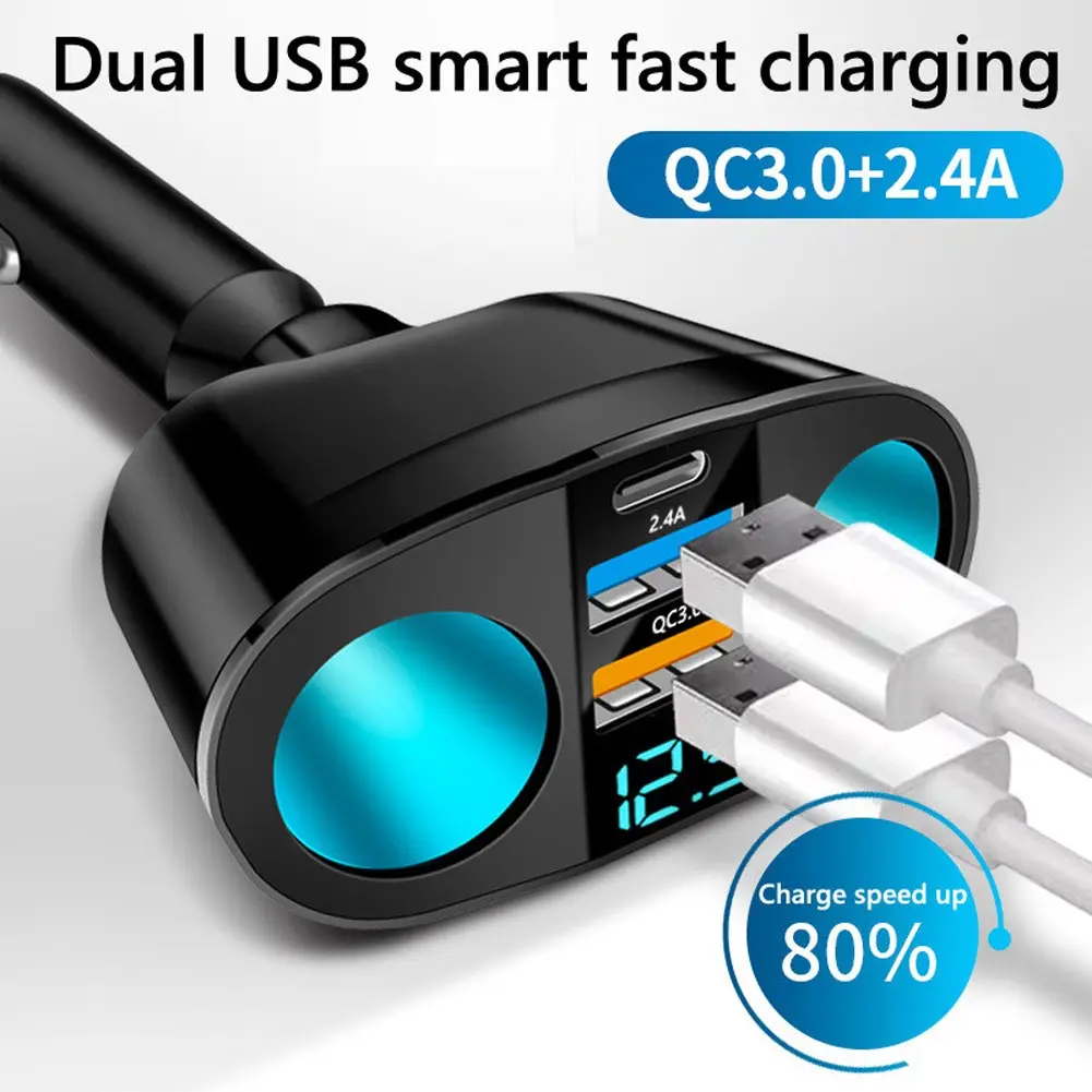Bộ sạc ô tô, 120W, QC3.0, 12V / 24V, Dual USB Type-C 2.4A, Bộ Chuyển Đổi nguồn, Sạc nhanh, Ổ cắm bật lửa trên ô tô, Thích hợp cho hầu hết các phụ kiện ô tô tự động