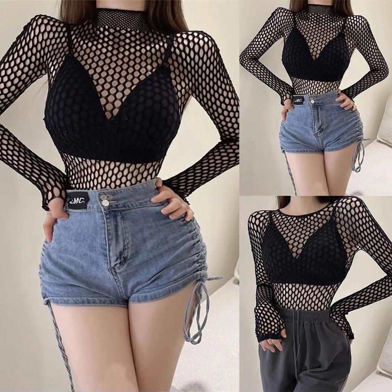 Áo Dài Tay Lưới, Dành Cho Nữ, Thiết Kế Khoét Lỗ Vui Nhộn Thời Trang, Dáng Ôm, Gợi Cảm, Hàng Mới Về, Áo Lưới Cá 0
