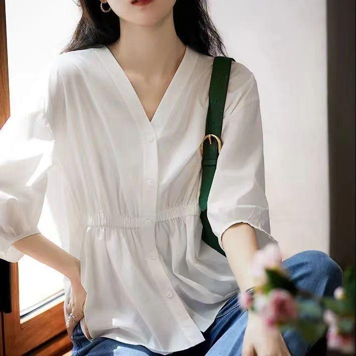 Product Introduction of OEMG Women's Shirt Loose plus Size Spring and Summer New Three-Quarter Sleeve Cinched Blouse Chiffon Shirt Belly-Covering Slimming Top 24