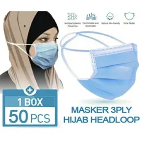 Masker 3Ply Hijab Headloop Biru Hitam Hijau Masker Bagus Murah 1 Box 50 Pcs