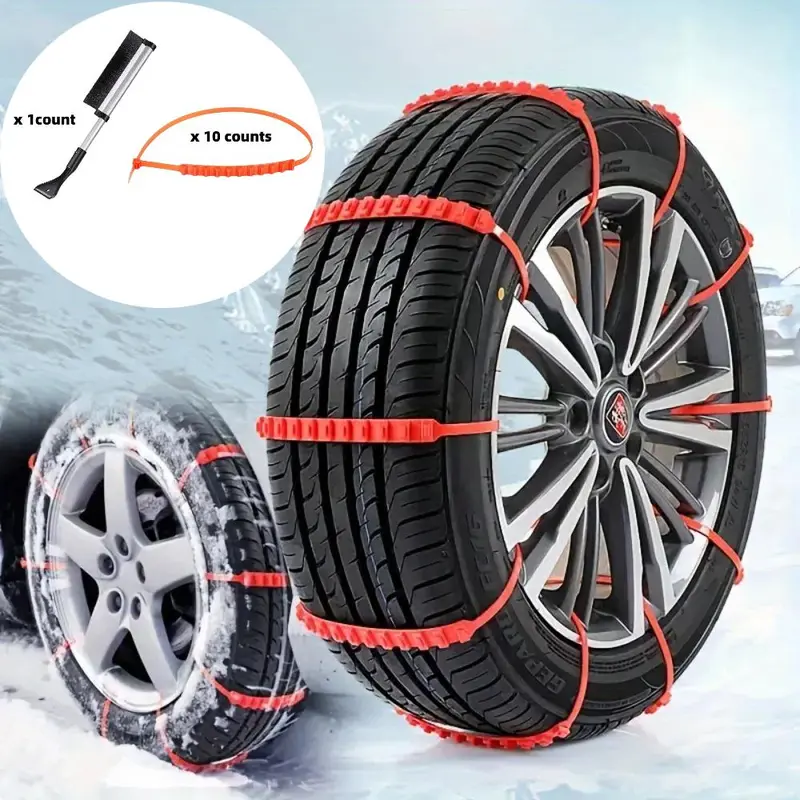 Universal Off-road Car Snow Tire Anti-skid Chain & Retractable Snow Shovel Set, Durable Rolled Belt & Car Windshields Snow Brush Set for Winter 0