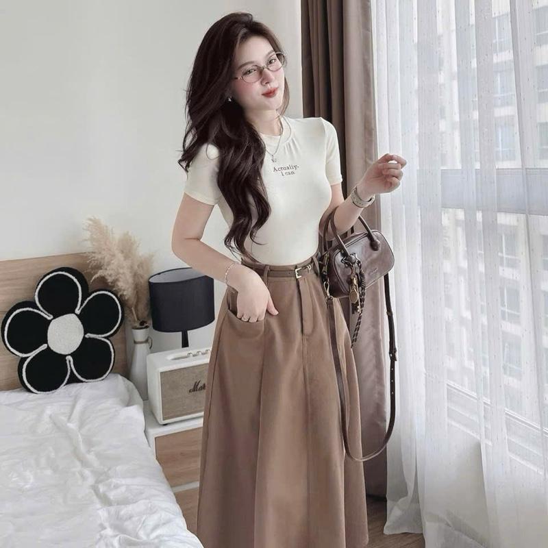 Sét váy nữ áo thun tay ngắn in chữ mix chân váy xòe dài tone - TikTok ...
