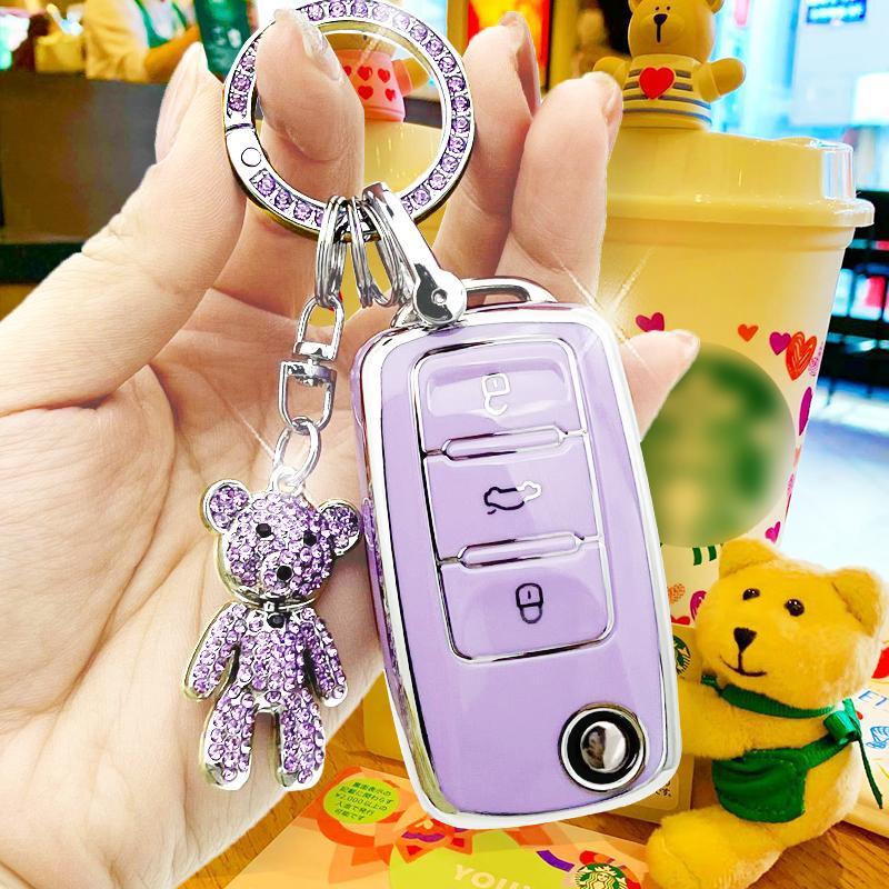 Car Key Case with Bear Charm, Cute Car Key Protective Cover, Soft TPU Anti-lost Car Key Protector, Universal Car Key Fob Cover for Volkswagen Sprint 2