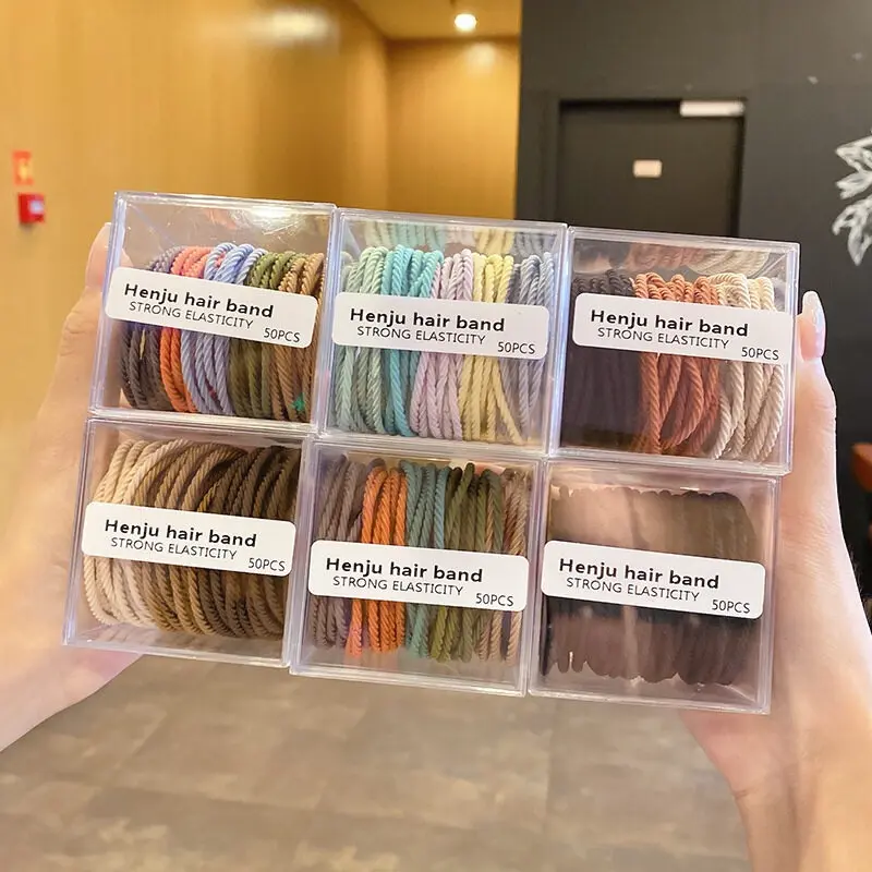 Scrunchies Phong Cách Hàn Quốc, 50 Chiếc / bộ, Thời Trang, Dây Cao Su Đóng Hộp, Dây Buộc Tóc, Phụ Kiện Tóc Nữ 7