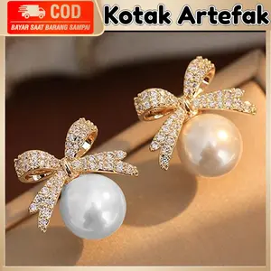 1 Pasang S925 Anting Mutiara Pita Berlian Stud Tusuk Fashion Alloy Gaya Elegan Jarum Perak Pearl Earrings