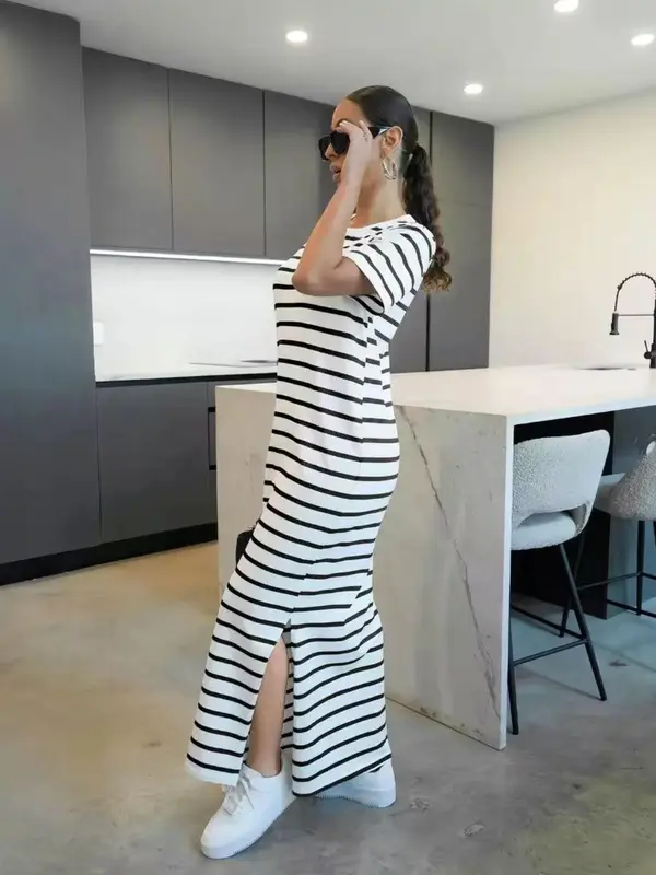 Women's Striped Print Round Neck Dress, Casual Short Sleeve Crew Neck Dress for Daily Wear, Ladies Clothes for All Seasons 4