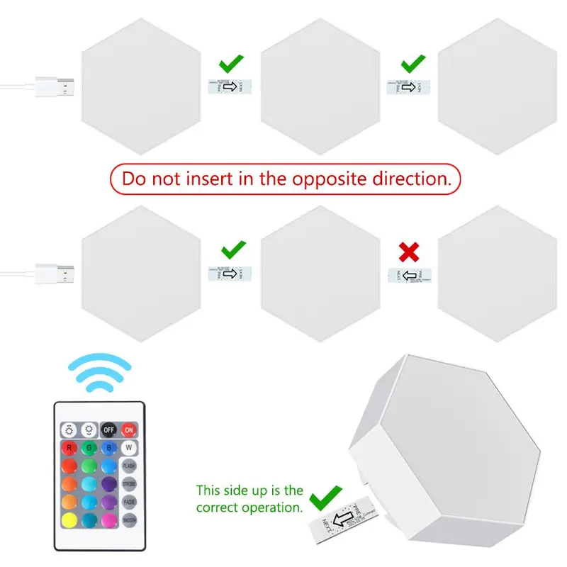 LED RGB Hexagon Wall Light, 6 Counts USB Powered Wall Light with 18 Colors, Wall Lamp with Battery Powered Remote Control (Battery Not Included) 2