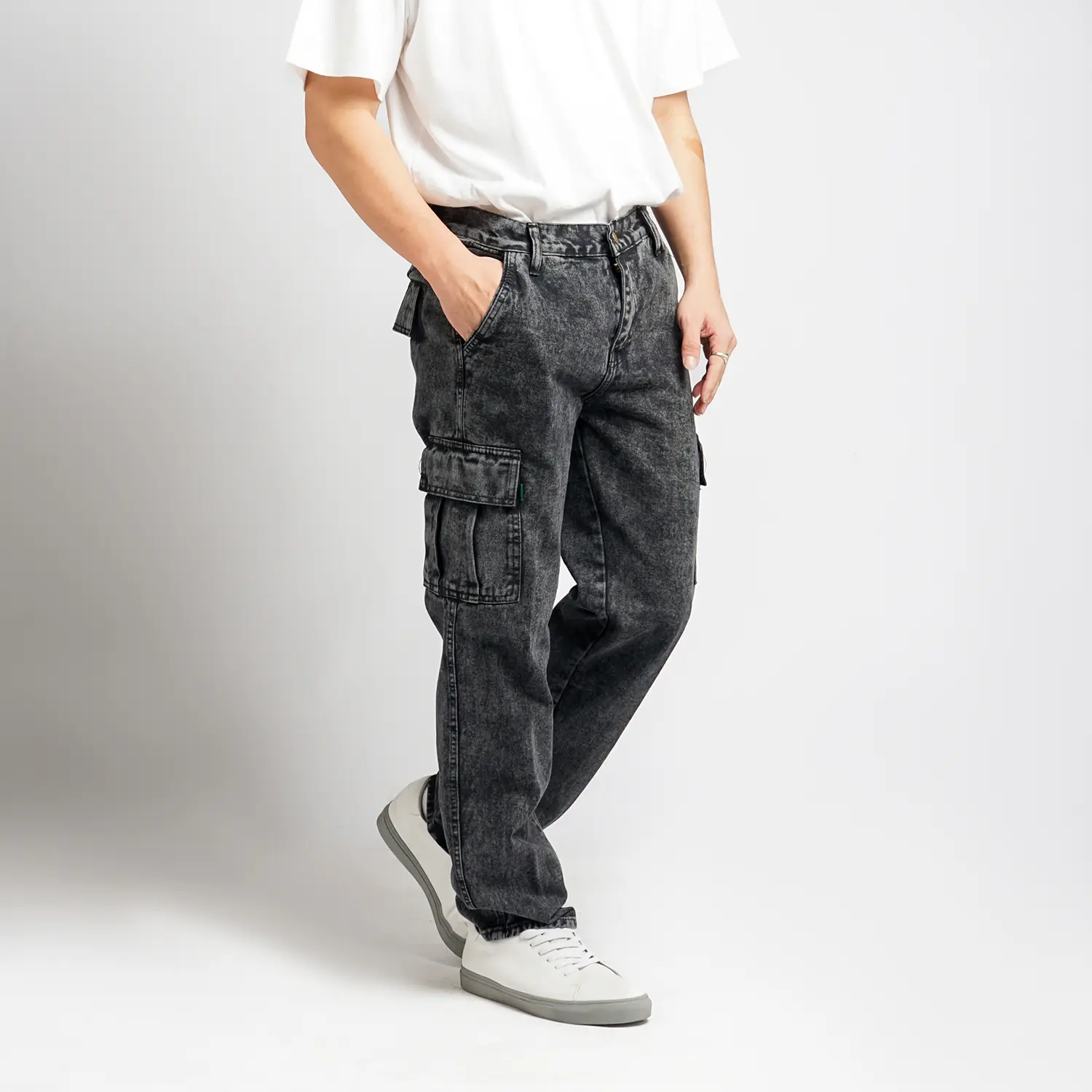 Pluviophile - Long Cargo pants jeans Celana cargo jeans loose fit Reguler Standard Black Sandwash Denim Straight