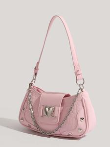 Bolso de hombro de moda para mujer con decoración de cadena, bolso de cuero PU con textura de cocodrilo y decoración de corazón para uso diario, bolso de soba versátil y moderno, bolso estilo hobo y bola de masa lindo estilo punk Y2k