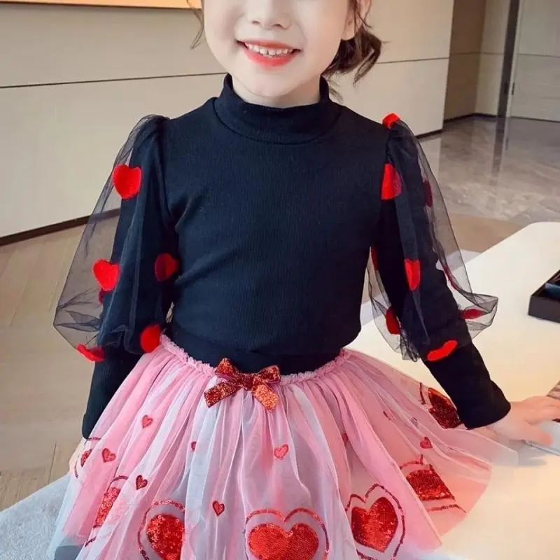 Quần Áo Mùa Thu Và Mùa Đông Cho Bé Gái, Áo Sơ Mi Lớp Nền, Tay Phồng Và Lưới, Tay Phồng, Áo Thêu Tình Yêu, Thích Hợp Cho Trẻ Em, Áo Sơ Mi Lớp Nền 2