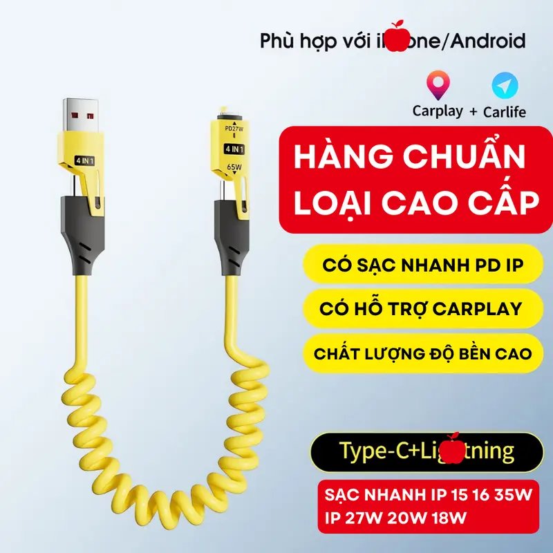 Cáp sạc 4 trong 1 LÒ XO gọn dùng trên xe, bàn decor, dài 1.5m,chuẩn PD C-L 27W 20W,C-C 65W-ENJOYPLUS 0