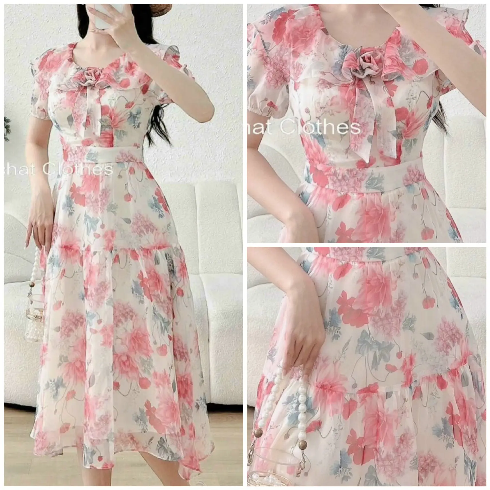 Đầm Voan NƠ, HỒNG HOA LÁ SANG, form thiết kế, xinh xắn, Các nàng đi dự tiệc, đi chơi, du lịch, thoải mái, thời trang nữ. Women Dress