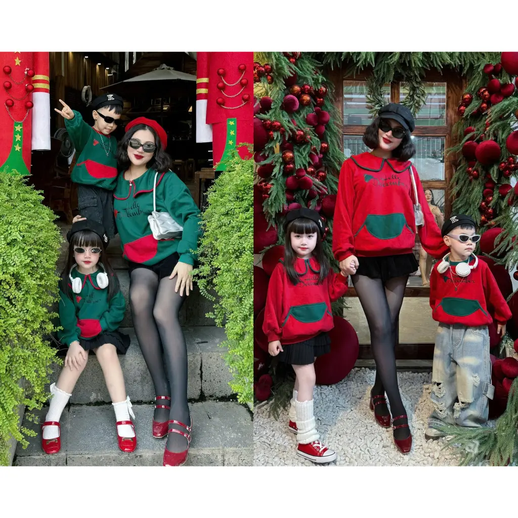 Áo Sweater Thu Đông Đồ Đôi Mẹ và Bé Noel chữ HELLO DECEMBER trẻ em(10Kg - 36Kg, 45Kg - 65Kg)