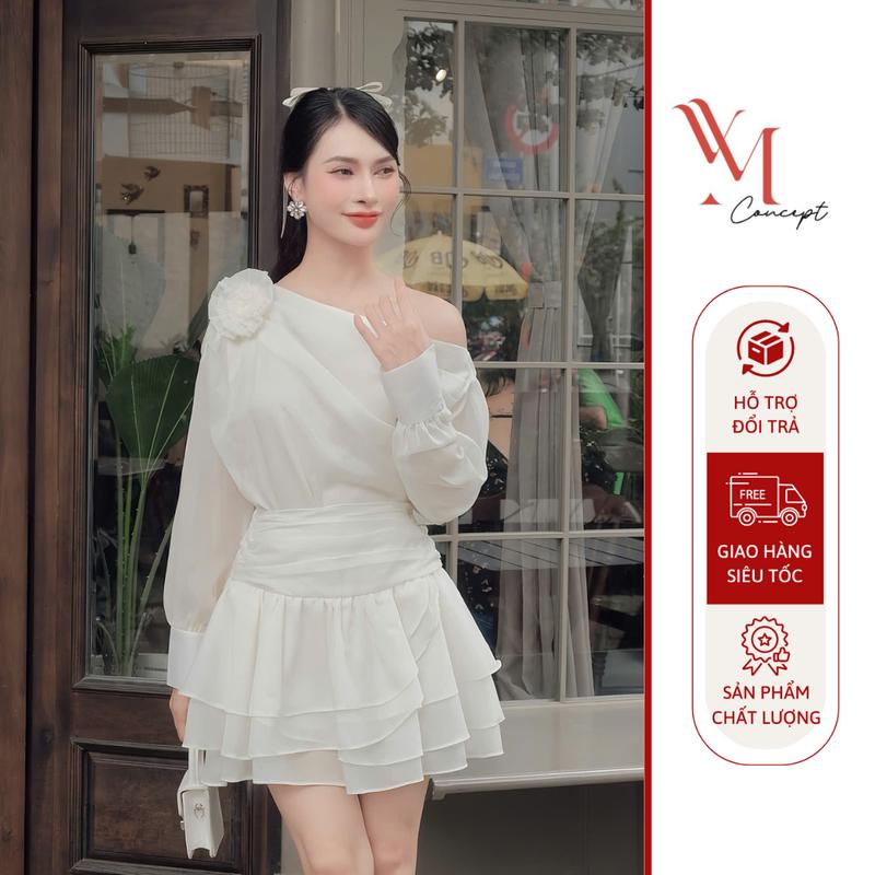 Váy Dự Tiệc Nữ YM Concept D0888 Áo Lệch Vai Đính Hoa Phối Chân Váy Xếp Ly Tầng Có Lót Quần - Chất Tơ Thái - Be, Xanh, Trắng, Đen - S/M/L/XL Women Dress