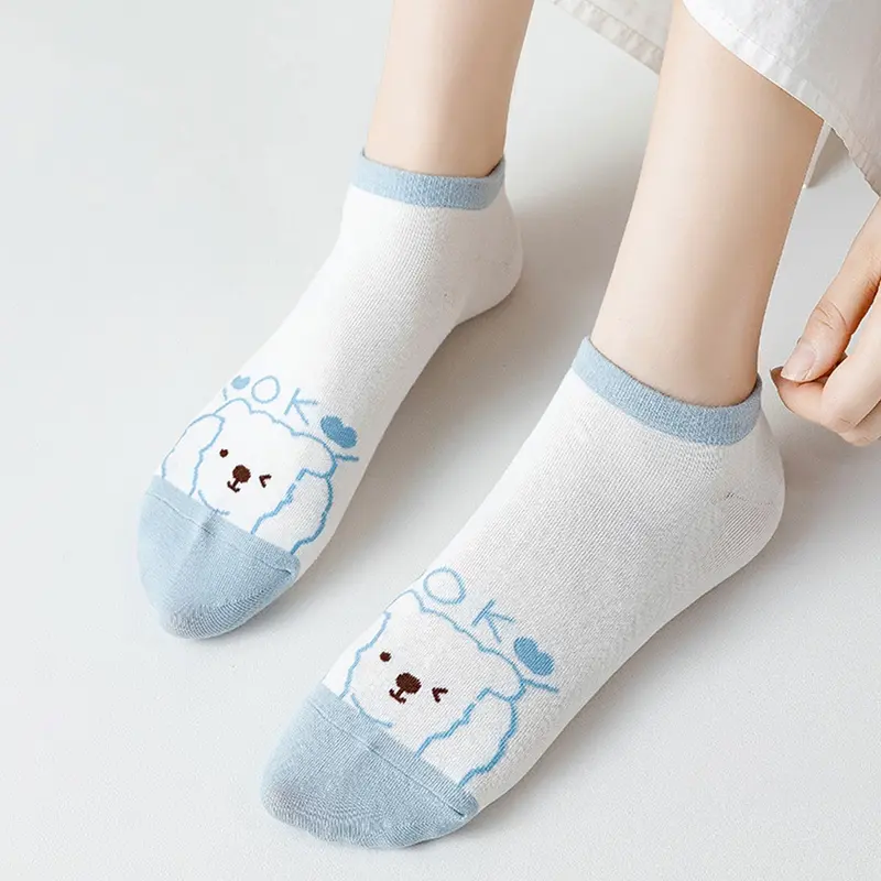 BISA COD K5703 Kaos Kaki Pendek Gaya Korea / Kaos Kaki Wanita Motif Beruang Biru Muda / Kaos Kaki Semata Kaki Beruang Biru Panjang Ankle Garis 7