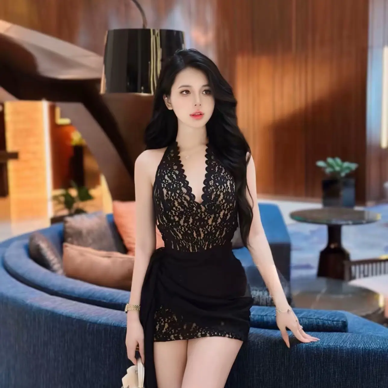 Váy thiết kế - Váy ren nhún tà cổ tim sườn lót da sang sịn 1298 Women Nữ Dress Voi Dress Voi Nhung Voan