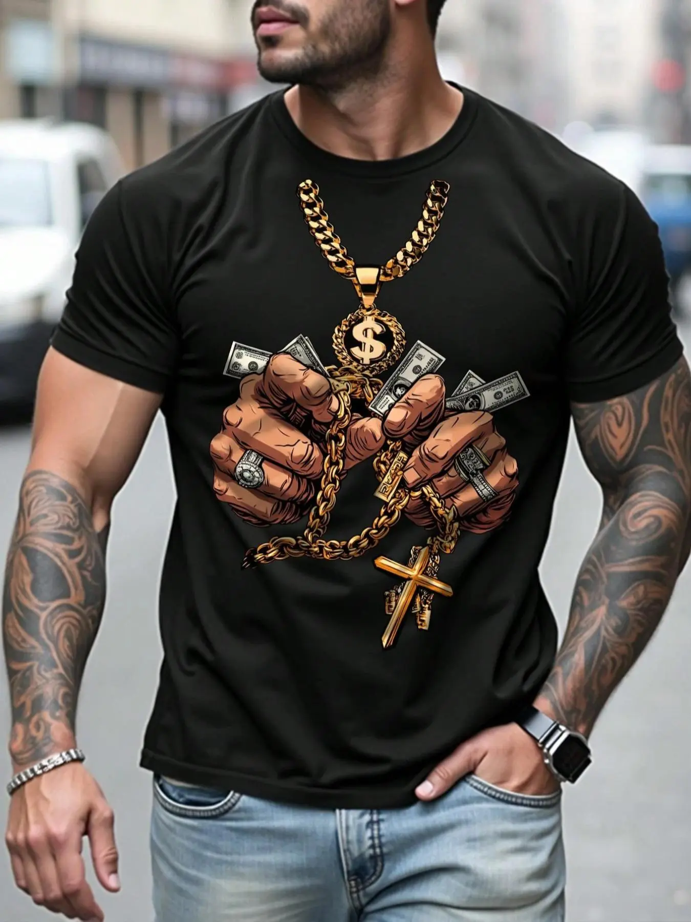 Men's Regular Fit Hand & Cross Print Round Neck Tee, Casual Short Sleeve Crew Neck T-shirt for Summer, Fashion Men's Top for Daily Wear