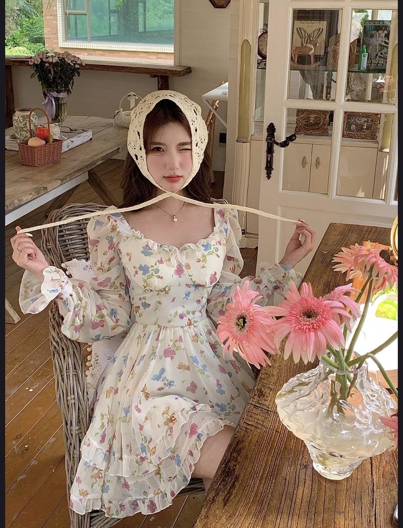 Product Introduction of Đầm Tiểu Thư Ulzzang Chất Voan Hoa Nhí Form Ngắn Xoè Tay Dài 7
