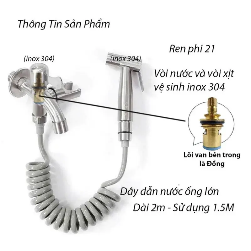 Vòi nước 2 đầu ra kèm vòi xịt vệ sinh chất liệu inox 304 bền bỉ tiện lợi, dây dẫn nước xoắn lò xo, thiết kế có giá đỡ gọn gàng 0