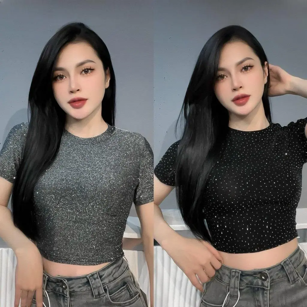Áo Croptop Nữ,Áo Crt Lưới Chất Liệu Nhúng Đính Đá Kiểu Dáng Ngắn Sang Chảnh Dễ Mặc #05 Women Nhung