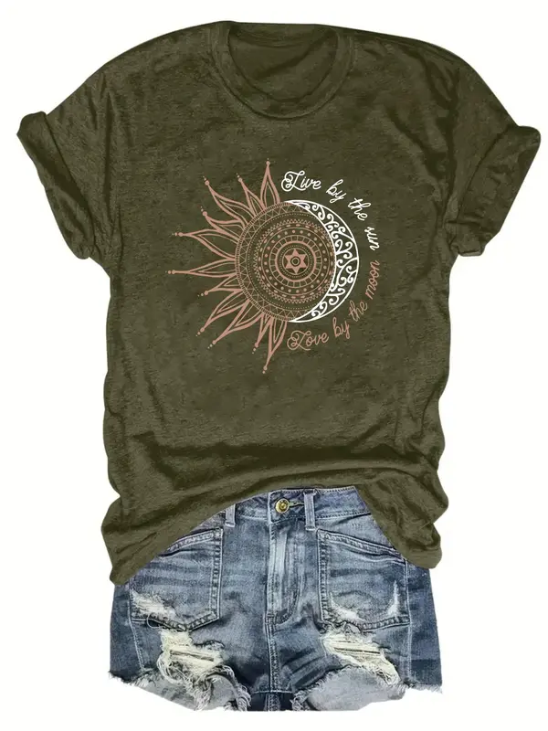 Women's Sun & Moon Print Round Neck Graphic Tee, Summer Clothes Women, Casual Short Sleeve T-Shirt for Summer, Women's Top for Daily Wear 4