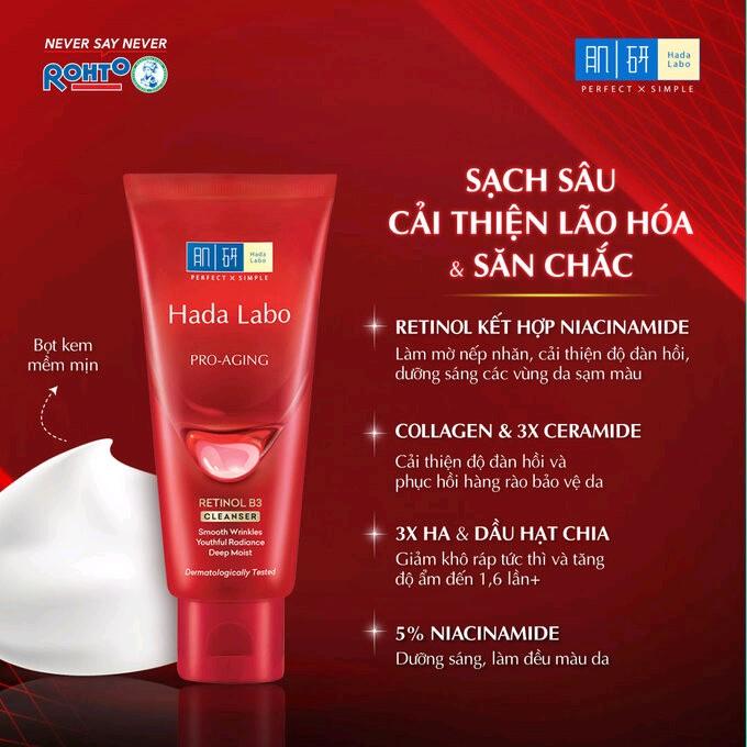  Kem Rửa Mặt Hada Labo Dưỡng Chuyên Biệt Ngừa Lão Hóa 80g  Pro-Aging Retinol B3 Cleanser hada labo đỏ 