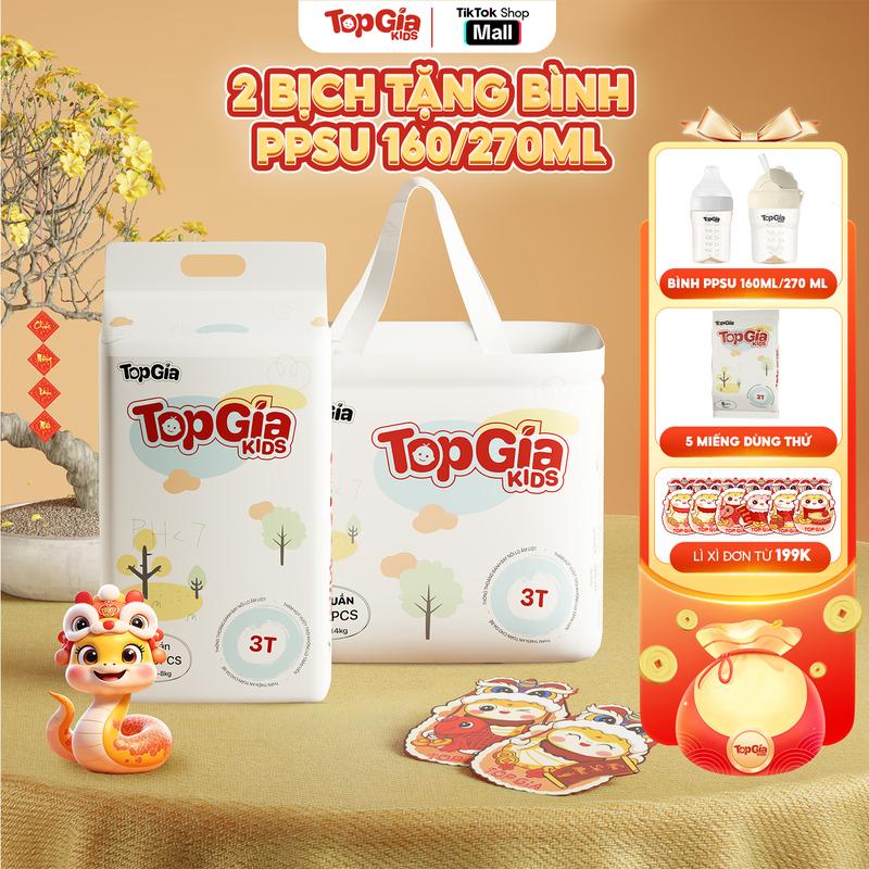 (LIVE - 2 BỊCH BỈM TẶNG BÌNH PPSU) 2 BỊCH Tã Bỉm Topgiakids tặng 1 bình PPSU 160ml/270ml, pH<7 an toàn cho da bé, mềm mại, mỏng nhẹ, chống tràn tối đa, tặng 5 miếng dùng thử  Cho Bé (Bỉm)
