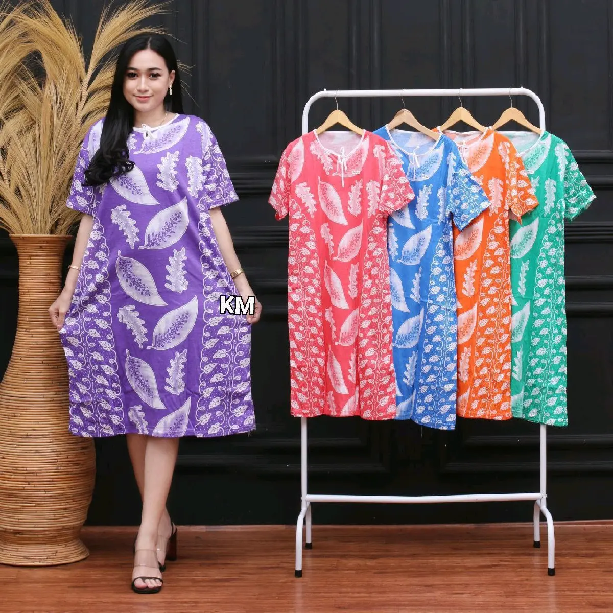 Daster Kaos corak daun Biru Hijau