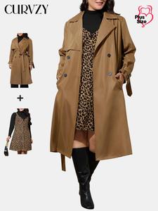 CURVZY Plus Size Belted Trench Coat & Leopard Print Pinafore Dress & Solid Tee Three-Piece Set, Women's Clothing for All Seasons
