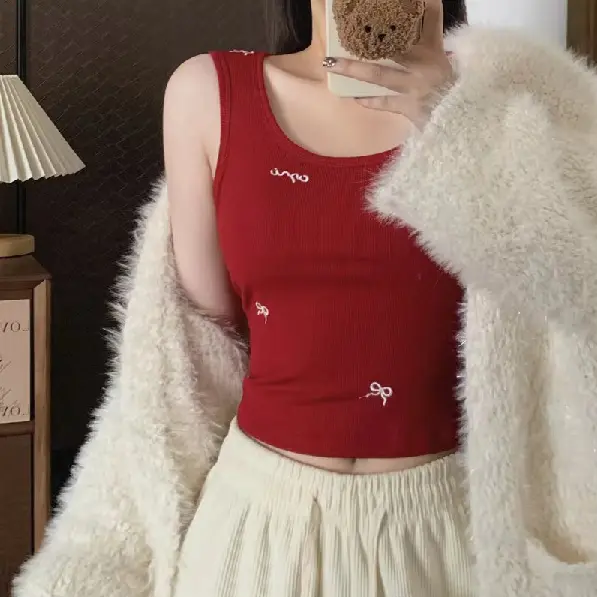 Áo Vest Mỏng Cho Nữ, Có Đệm Ngực Cố Định, Thiết Kế Thêu, Có Nơ, Kiểu Y 7