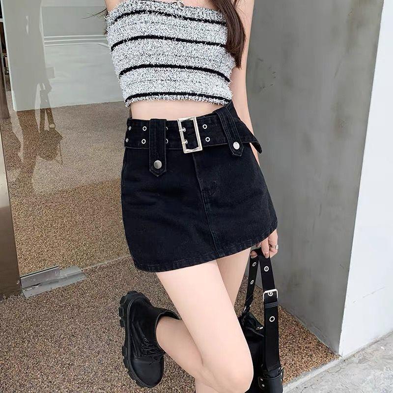 Chân Váy Denim Chữ A Cạp Cao Phong Cách Cô Gái Nóng Bỏng, Hàng Mới Về Mùa Hè Của Phụ Nữ, Chân Váy Ngắn Bó Dễ Phối Đồ Màu Đen, Thích Hợp Cho Quần Short, Thiết Kế Thời Trang 2