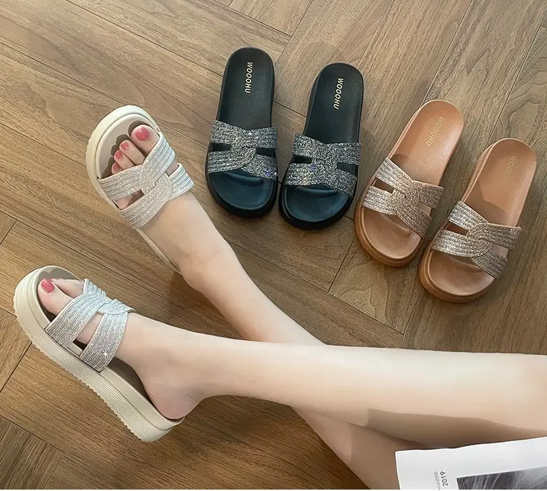 Dép lê nữ quai ngang kim tuyến lấp lánh mũi tròn độn đế cao êm chân dép đi biển, dép văn phòng bền đẹp DN48 DéP GiàY Shoes Women 7