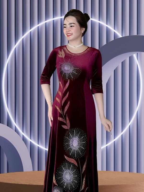 Đầm Trung Niên Dáng Dài N539 Vải Nhung Ép Đá Nhiệt Từ 50-75kg Ôm gọn Trơn Nữ Women Dress