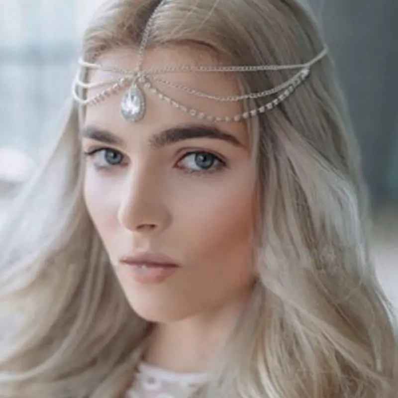 European and American Forehead Lace Crystal Forehead Ornament Forehead Diamond Headdress Water Drop Hair Accessories Head Chain Bohemian Ethnic Headdress