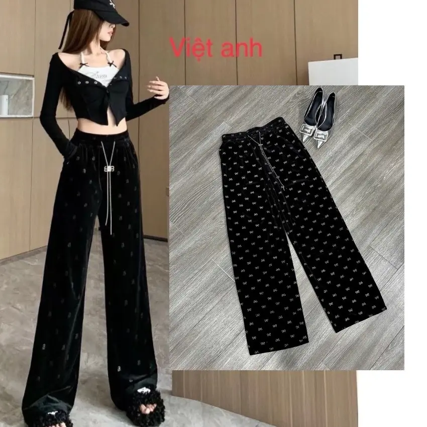 Hàng cao cấp Quần xuông nhung  kim xa kèm dây xích, nhung 3d dày ấm fom Qc